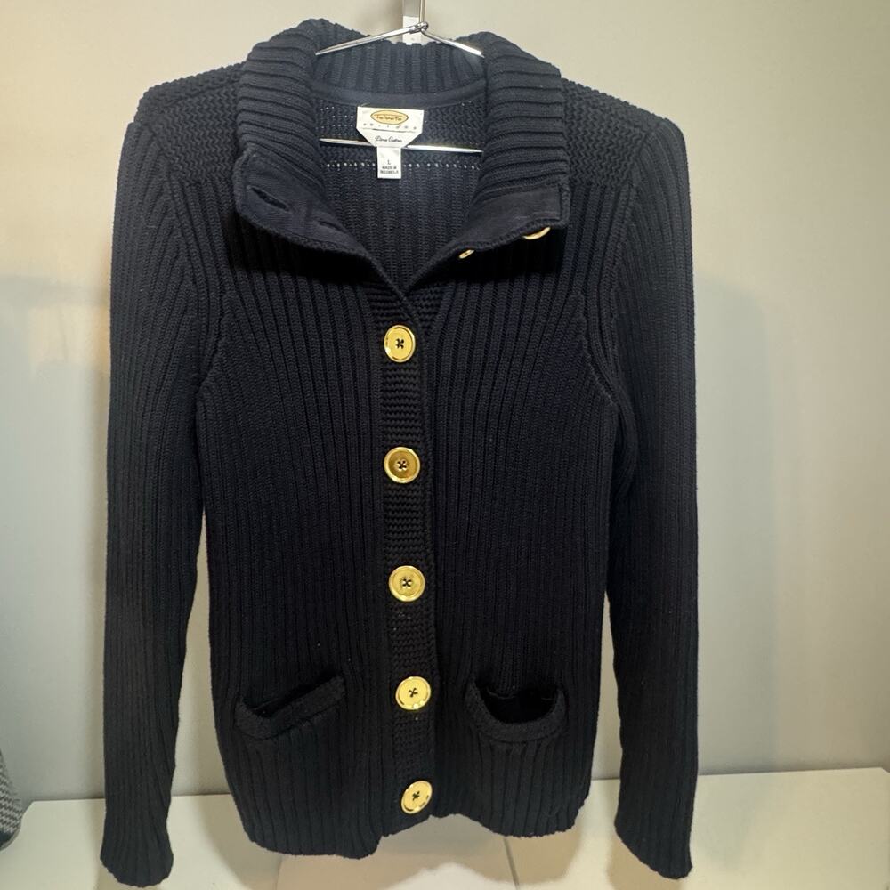 Talbots Women's Pima Cotton Cardigan Sweater Navy Gold Buttons Gorgeous Sz L